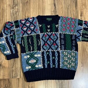 Vintage Bushwacker Unisex Knit Sweater Patchwork Floral & Cable Patterns Sz S